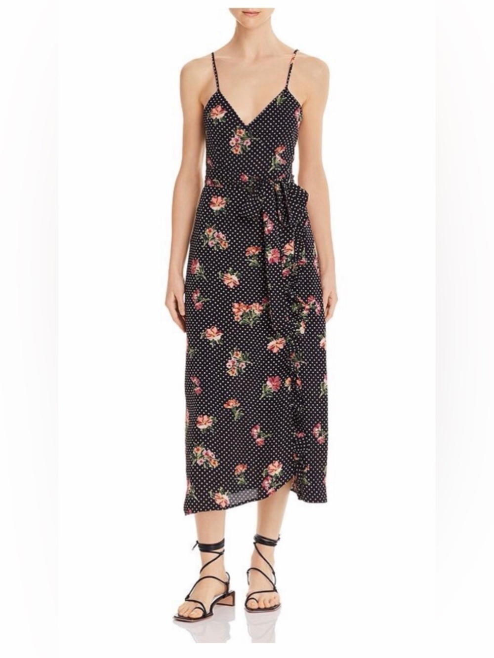 Flynn Skye Black Midi Dress with Pink Floral & Polka Dot Print boho lightweight